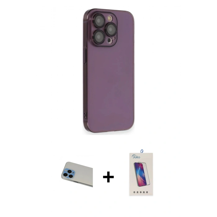 MARSİLYAN™- iPhone 13 Pro Max Kılıf Siluet Minimal Özel Seri - Siyah Joko 5D Cam + Mavi Rainbow Kamera Lens Koruma Cam