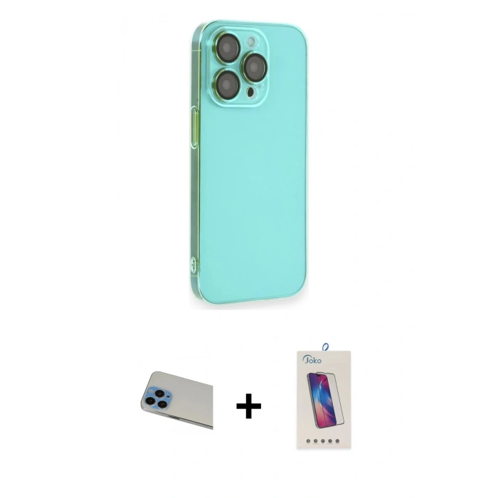MARSİLYAN™- iPhone 13 Pro Max Kılıf Siluet Minimal Özel Seri - Siyah Joko 5D Cam + Mavi Rainbow Kamera Lens Koruma Cam