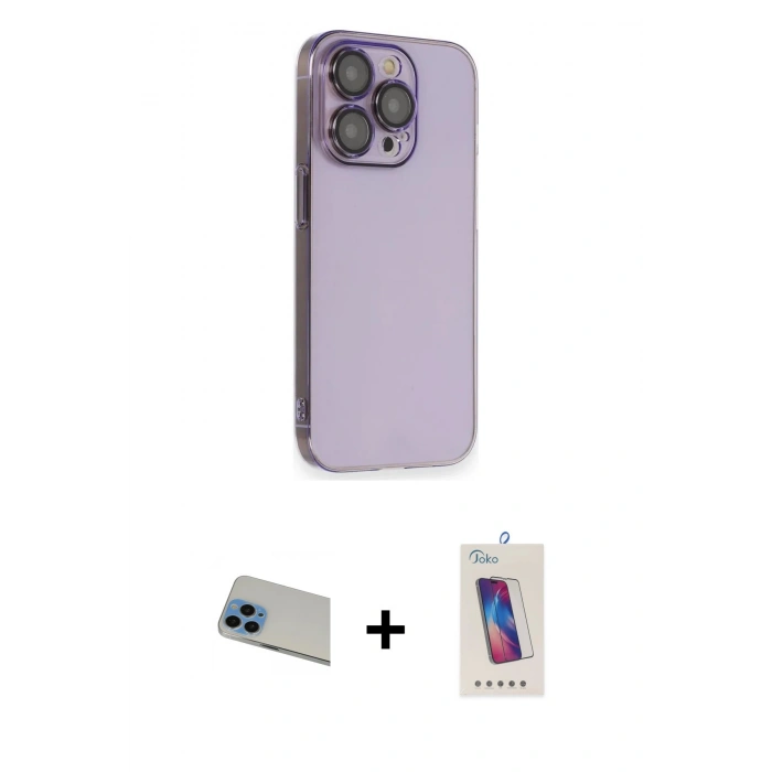 MARSİLYAN™- iPhone 13 Pro Max Kılıf Siluet Minimal Özel Seri - Siyah Joko 5D Cam + Mavi Rainbow Kamera Lens Koruma Cam