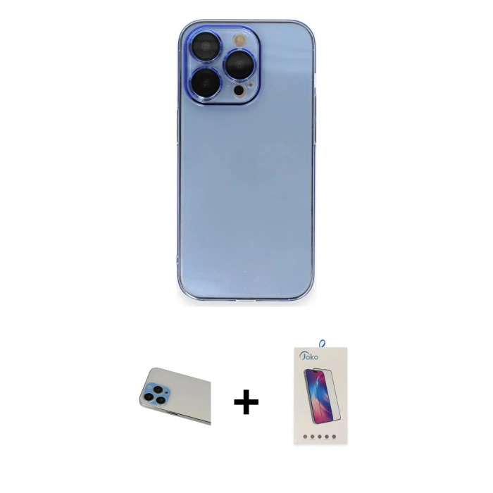 MARSİLYAN™- iPhone 13 Pro Max Kılıf Siluet Minimal Özel Seri - Siyah Joko 5D Cam + Mavi Rainbow Kamera Lens Koruma Cam