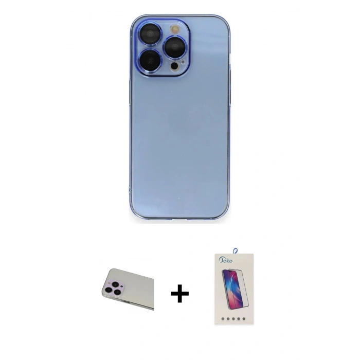 MARSİLYAN™- iPhone 13 Pro Max Kılıf Siluet Minimal Özel Seri - Siyah Joko 5D Cam + Mor Rainbow Kamera Lens Koruma Cam