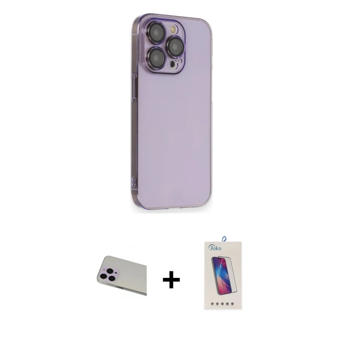 MARSİLYAN™- iPhone 13 Pro Max Kılıf Siluet Minimal Özel Seri - Siyah Joko 5D Cam + Mor Rainbow Kamera Lens Koruma Cam