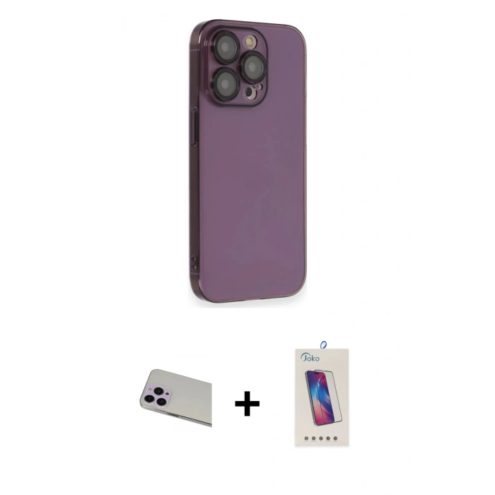 MARSİLYAN™- iPhone 13 Pro Max Kılıf Siluet Minimal Özel Seri - Siyah Joko 5D Cam + Mor Rainbow Kamera Lens Koruma Cam