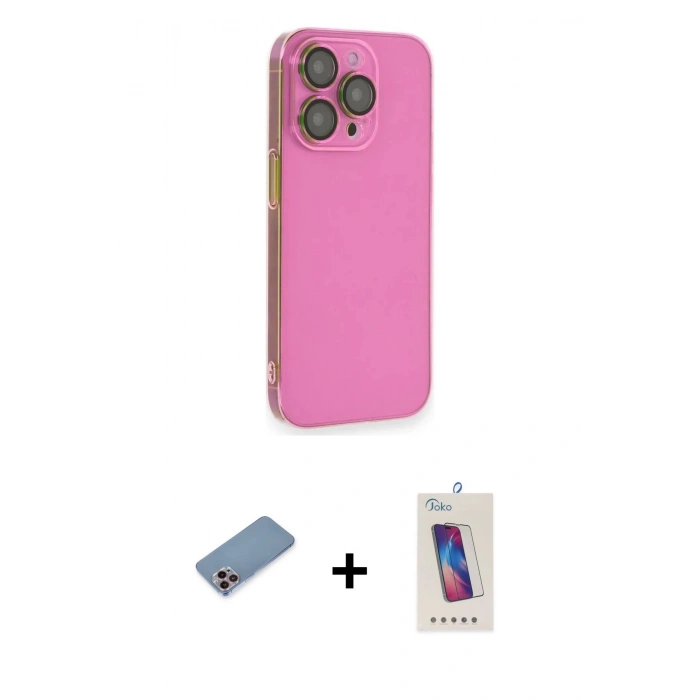 MARSİLYAN™- iPhone 13 Pro Max Kılıf Siluet Minimal Özel Seri - Siyah Joko 5D Cam + Pembe Shine Kamera Lens Koruma Cam