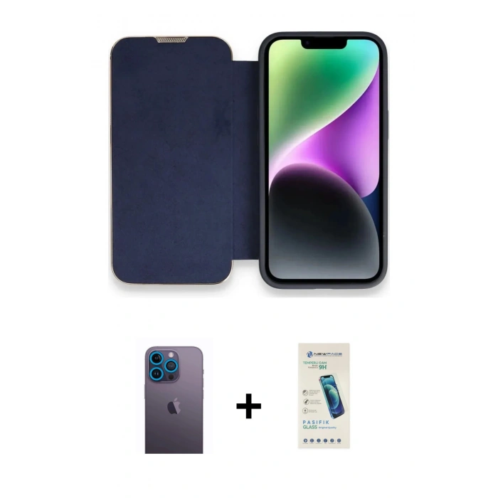 MARSİLYAN™- iPhone 13 Pro Max Kılıf Siluet Minimal Serisi - Şeffaf Pasifik Cam Ekran Koruyucu + Mavi Neon Fosforlu Kamera Lens