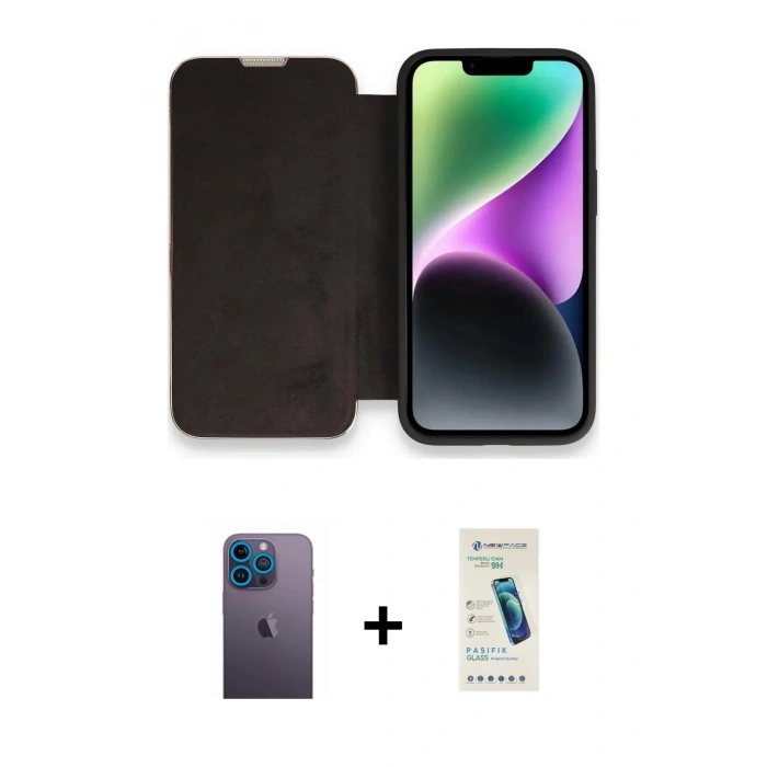 MARSİLYAN™- iPhone 13 Pro Max Kılıf Siluet Minimal Serisi - Şeffaf Pasifik Cam Ekran Koruyucu + Mavi Neon Fosforlu Kamera Lens
