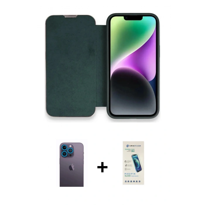 MARSİLYAN™- iPhone 13 Pro Max Kılıf Siluet Minimal Serisi - Şeffaf Pasifik Cam Ekran Koruyucu + Mavi Neon Fosforlu Kamera Lens