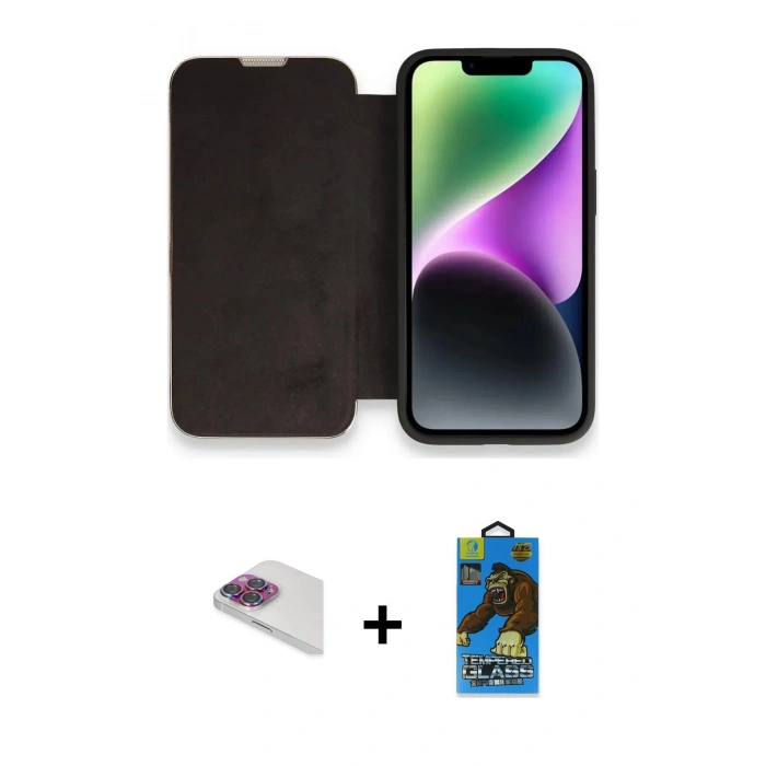MARSİLYAN™- iPhone 13 Pro Max Kılıf Siluet Minimal Serisi - Siyah 18D Cam Ekran Koruyucu + Pers Alüminyum Kamera Lens - GI