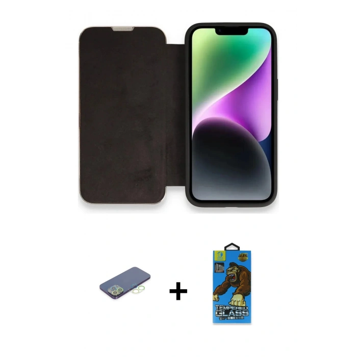 MARSİLYAN™- iPhone 13 Pro Max Kılıf Siluet Minimal Serisi - Siyah 18D Cam Ekran Koruyucu + Renkli Kamera Lens Koruma Cam - YL