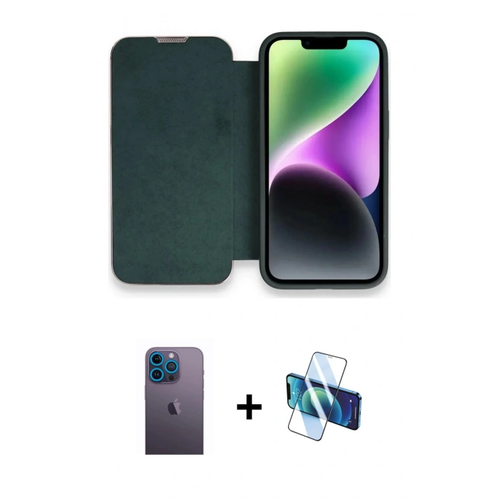 MARSİLYAN™- iPhone 13 Pro Max Kılıf Siluet Minimal Serisi - Siyah 3D Antistatik Cam Ekran Koruyucu + Neon Fosforlu Kamera Lens - MI