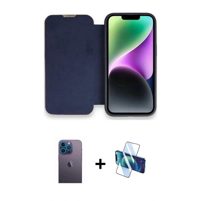 MARSİLYAN™- iPhone 13 Pro Max Kılıf Siluet Minimal Serisi - Siyah 3D Antistatik Cam Ekran Koruyucu + Neon Fosforlu Kamera Lens - MI
