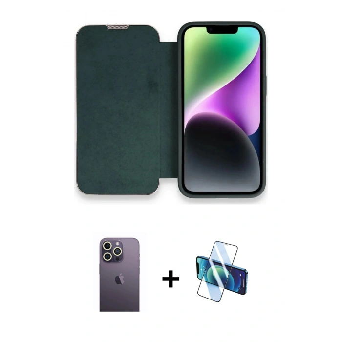 MARSİLYAN™- iPhone 13 Pro Max Kılıf Siluet Minimal Serisi - Siyah 3D Antistatik Cam Ekran Koruyucu + Neon Fosforlu Kamera Lens - BZ