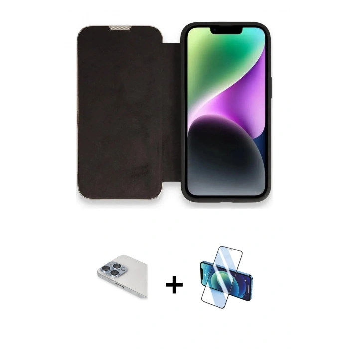 MARSİLYAN™- iPhone 13 Pro Max Kılıf Siluet Minimal Serisi - Siyah 3D Antistatik Cam Ekran Koruyucu + Pers Alüminyum Kamera Lens - SABE