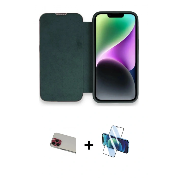 MARSİLYAN™- iPhone 13 Pro Max Kılıf Siluet Minimal Serisi - Siyah 3D Antistatik Cam Ekran Koruyucu + Rainbow Kamera Lens Koruma Cam - KI