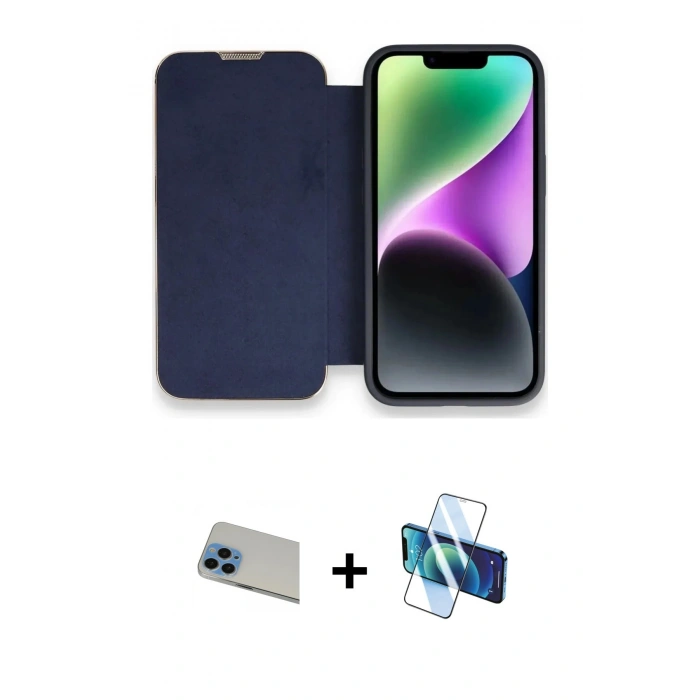 MARSİLYAN™- iPhone 13 Pro Max Kılıf Siluet Minimal Serisi - Siyah 3D Antistatik Cam Ekran Koruyucu + Rainbow Kamera Lens Koruma Cam - MI