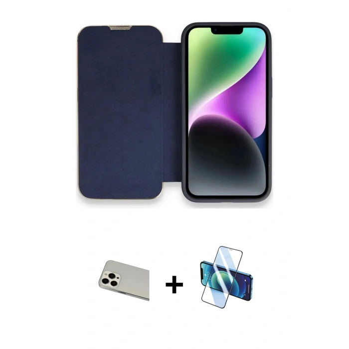 MARSİLYAN™- iPhone 13 Pro Max Kılıf Siluet Minimal Serisi - Siyah 3D Antistatik Cam Ekran Koruyucu + Rainbow Kamera Lens Koruma Cam - BZ