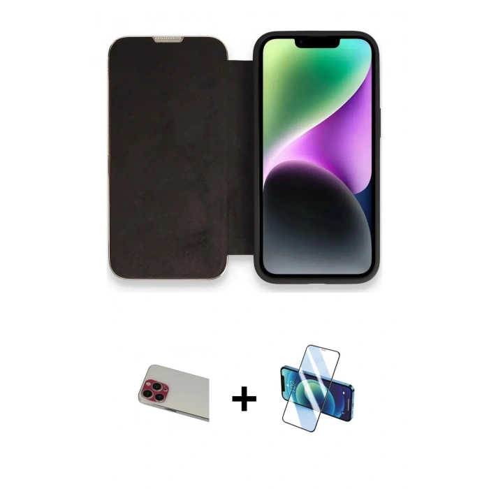 MARSİLYAN™- iPhone 13 Pro Max Kılıf Siluet Minimal Serisi - Siyah 3D Antistatik Cam Ekran Koruyucu + Rainbow Kamera Lens Koruma Cam - KI