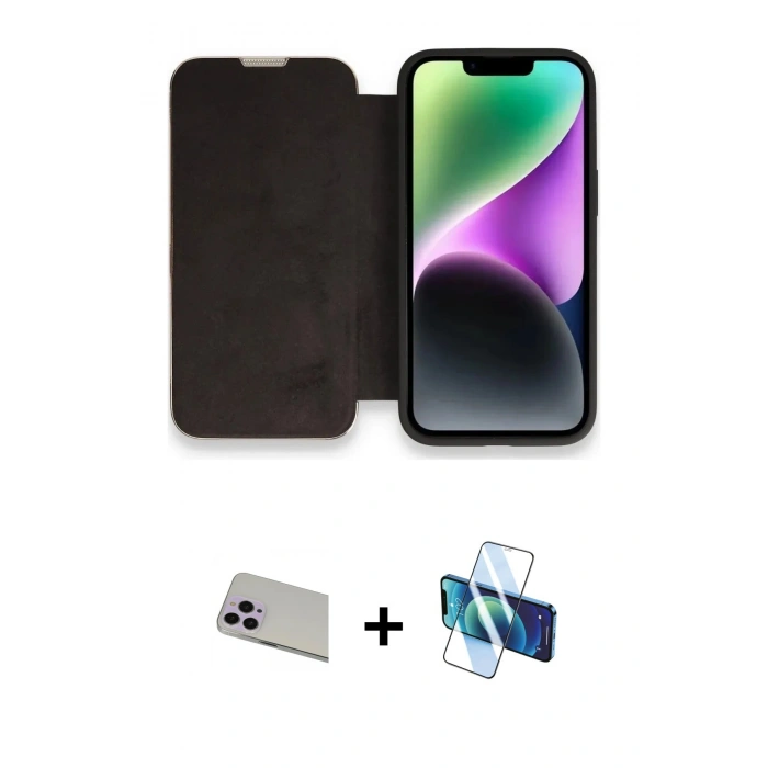 MARSİLYAN™- iPhone 13 Pro Max Kılıf Siluet Minimal Serisi - Siyah 3D Antistatik Cam Ekran Koruyucu + Rainbow Kamera Lens Koruma Cam - MR