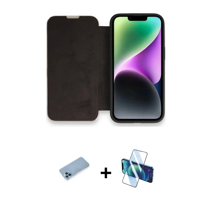 MARSİLYAN™- iPhone 13 Pro Max Kılıf Siluet Minimal Serisi - Siyah 3D Antistatik Cam Ekran Koruyucu + Shine Kamera Lens Koruma Cam - MI