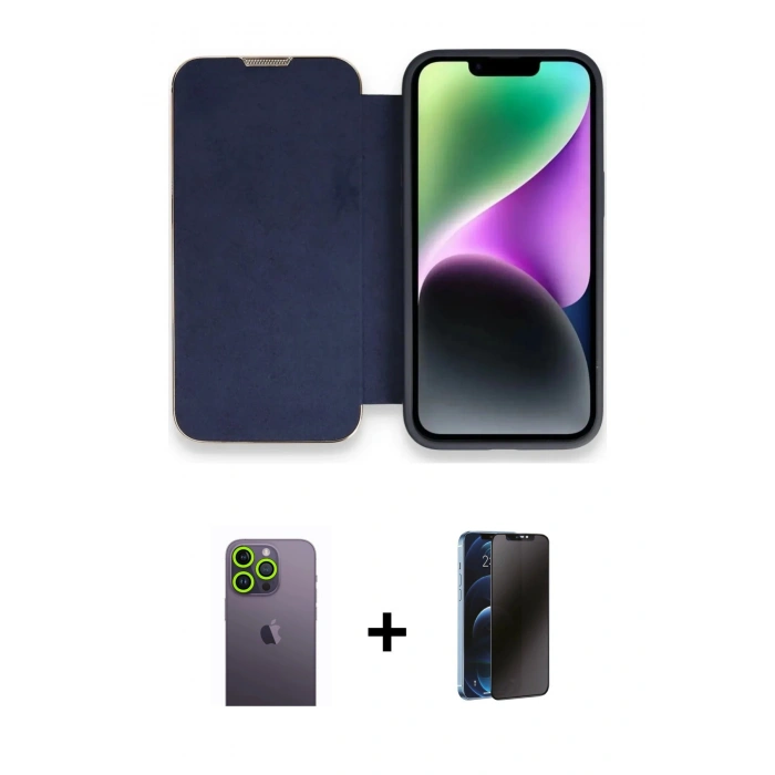 MARSİLYAN™- iPhone 13 Pro Max Kılıf Siluet Minimal Serisi - Siyah 3D Antistatik Hayalet Cam Ekran Koruyucu + Neon Fosforlu Kamera Lens - YL