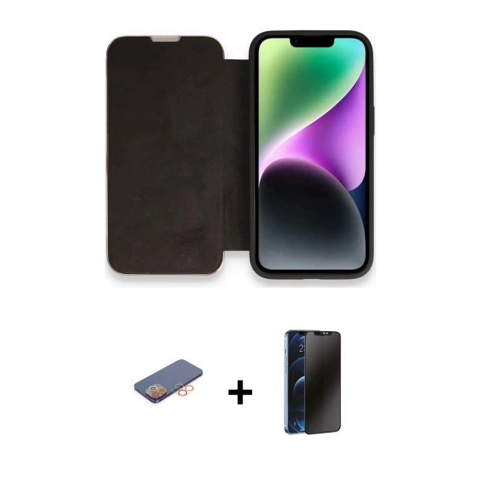 MARSİLYAN™- iPhone 13 Pro Max Kılıf Siluet Minimal Serisi - Siyah 3D Antistatik Hayalet Cam Ekran Koruyucu + Renkli Kamera Lens Koruma Cam - TU