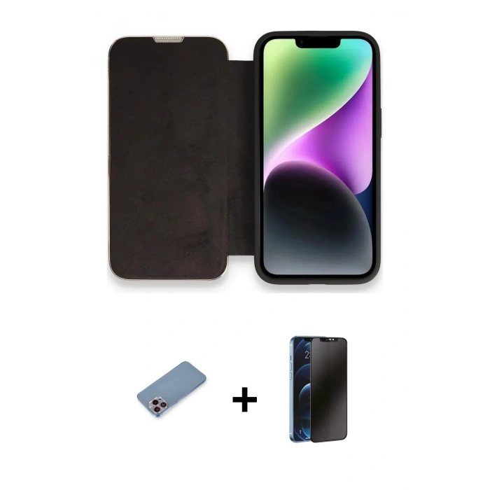 MARSİLYAN™- iPhone 13 Pro Max Kılıf Siluet Minimal Serisi - Siyah 3D Antistatik Hayalet Cam Ekran Koruyucu + Shine Kamera Lens Koruma Cam - PE