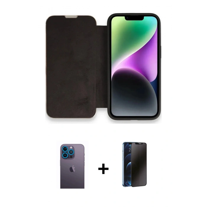 MARSİLYAN™- iPhone 13 Pro Max Kılıf Siluet Minimal Serisi - Siyah 3D Antistatik Hayalet Cam Ekran Koruyucu + Neon Fosforlu Kamera Lens - MI