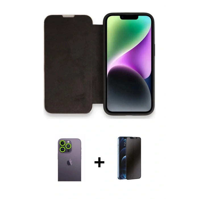 MARSİLYAN™- iPhone 13 Pro Max Kılıf Siluet Minimal Serisi - Siyah 3D Antistatik Hayalet Cam Ekran Koruyucu + Neon Fosforlu Kamera Lens - YL
