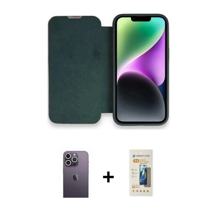 MARSİLYAN™- iPhone 13 Pro Max Kılıf Siluet Minimal Serisi - Siyah 6D Mat Seramik Hayalet Nano Ekran Koruyucu + Neon Fosforlu Kamera Lens - BZ