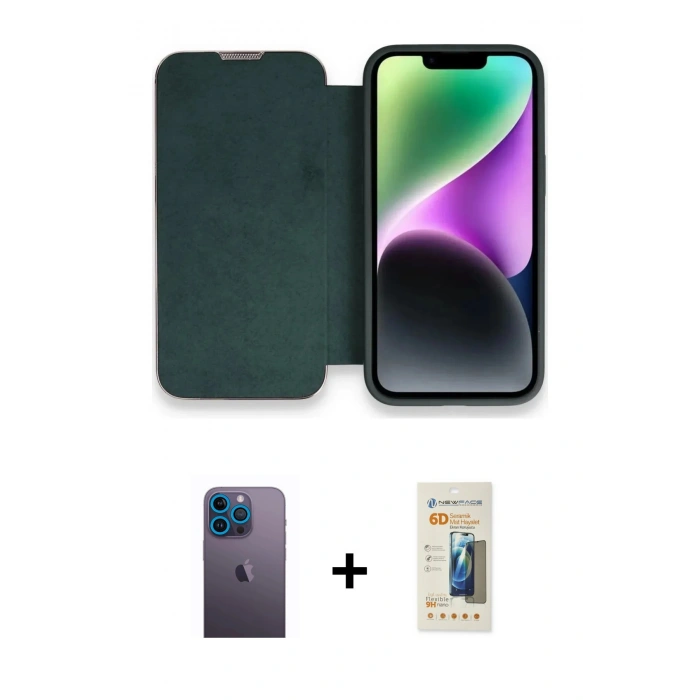MARSİLYAN™- iPhone 13 Pro Max Kılıf Siluet Minimal Serisi - Siyah 6D Mat Seramik Hayalet Nano Ekran Koruyucu + Neon Fosforlu Kamera Lens - MI