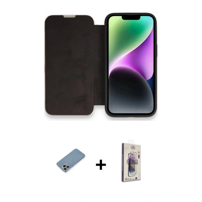 MARSİLYAN™- iPhone 13 Pro Max Kılıf Siluet Minimal Serisi - Siyah Bilvis 3D Cam Ekran Koruyucu + Gökkuşağı Shine Kamera Lens Koruma Cam