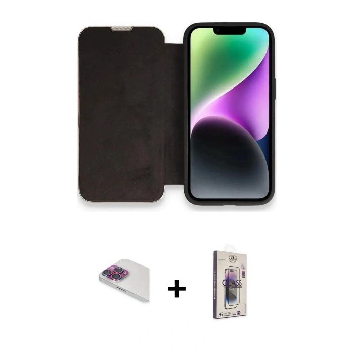 MARSİLYAN™- iPhone 13 Pro Max Kılıf Siluet Minimal Serisi - Siyah Bilvis 3D Cam Ekran Koruyucu + Gökkuşağı Pers Alüminyum Kamera Lens