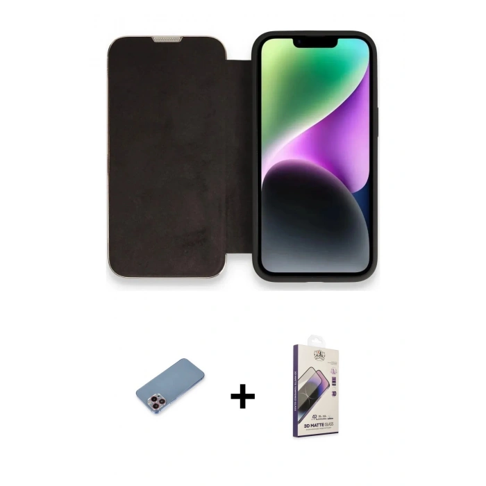 MARSİLYAN™- iPhone 13 Pro Max Kılıf Siluet Minimal Serisi - Siyah Bilvis 3D Mat Cam Ekran Koruyucu + Shine Kamera Lens Koruma Cam - PE