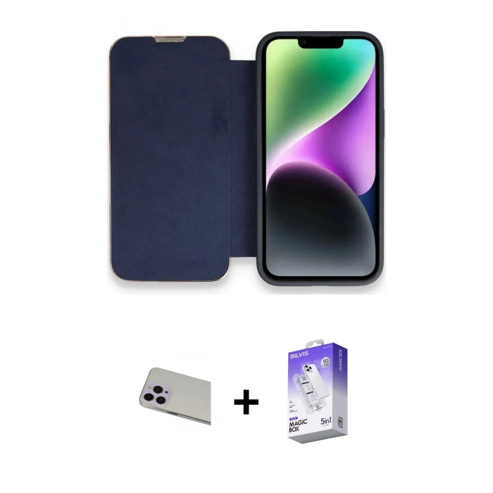 MARSİLYAN™- iPhone 13 Pro Max Kılıf Siluet Minimal Serisi - Siyah Bilvis 5in1 3D Magic Cam Ekran Koruyucu + Rainbow Kamera Lens Koruma Cam - MR