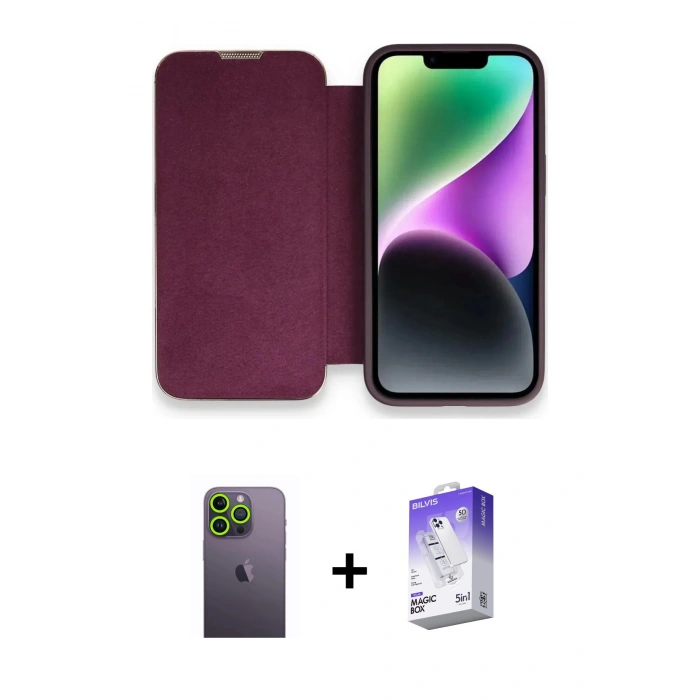 MARSİLYAN™- iPhone 13 Pro Max Kılıf Siluet Minimal Serisi - Siyah Bilvis 5in1 3D Magic Cam Ekran Koruyucu + Neon Fosforlu Kamera Lens - YL