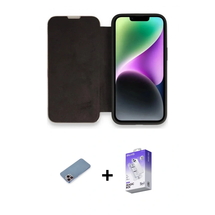 MARSİLYAN™- iPhone 13 Pro Max Kılıf Siluet Minimal Serisi - Siyah Bilvis 5in1 3D Magic Cam Ekran Koruyucu + Shine Kamera Lens Koruma Cam - PE