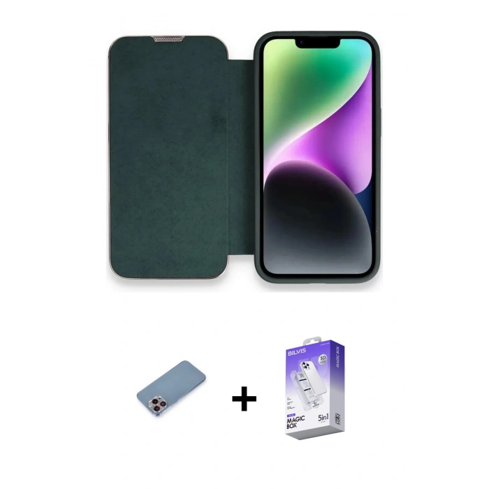 MARSİLYAN™- iPhone 13 Pro Max Kılıf Siluet Minimal Serisi - Siyah Bilvis 5in1 3D Magic Cam Ekran Koruyucu + Shine Kamera Lens Koruma Cam - PE
