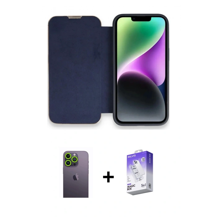 MARSİLYAN™- iPhone 13 Pro Max Kılıf Siluet Minimal Serisi - Siyah Bilvis 5in1 3D Magic Cam Ekran Koruyucu + Neon Fosforlu Kamera Lens - YL