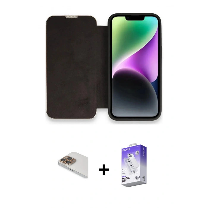 MARSİLYAN™- iPhone 13 Pro Max Kılıf Siluet Minimal Serisi - Siyah Bilvis 5in1 3D Magic Cam Ekran Koruyucu + Pers Alüminyum Kamera Lens - GD