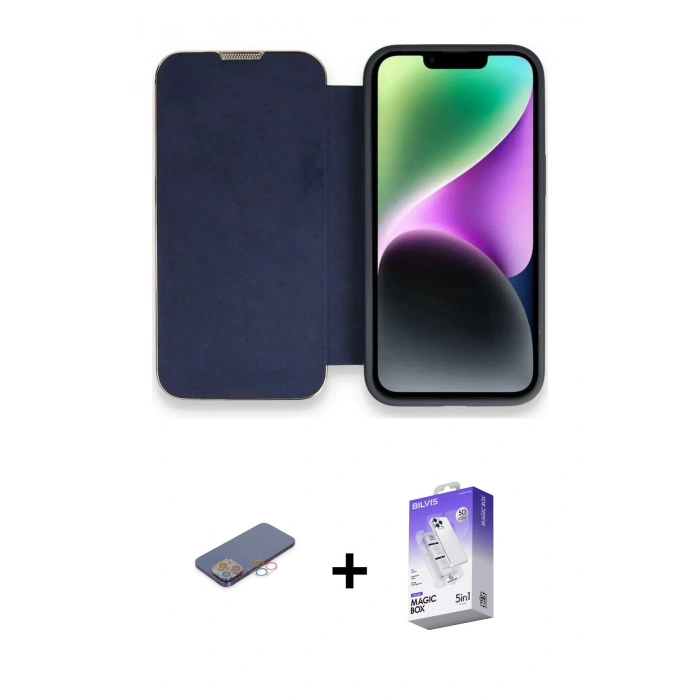 MARSİLYAN™- iPhone 13 Pro Max Kılıf Siluet Minimal Serisi - Siyah Bilvis 5in1 3D Magic Cam Ekran Koruyucu + Renkli Kamera Lens Koruma Cam - PE