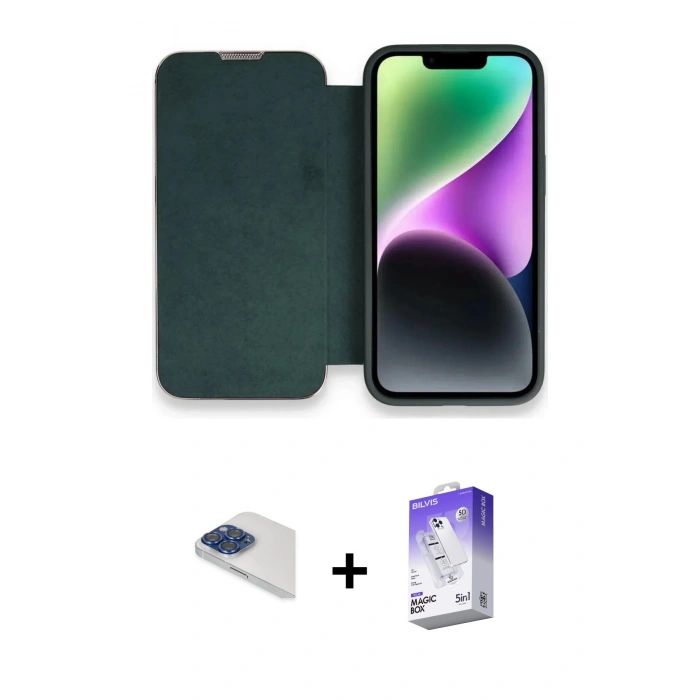 MARSİLYAN™- iPhone 13 Pro Max Kılıf Siluet Minimal Serisi - Siyah Bilvis 5in1 3D Magic Cam Ekran Koruyucu + Lacivert Pers Alüminyum Kamera Lens