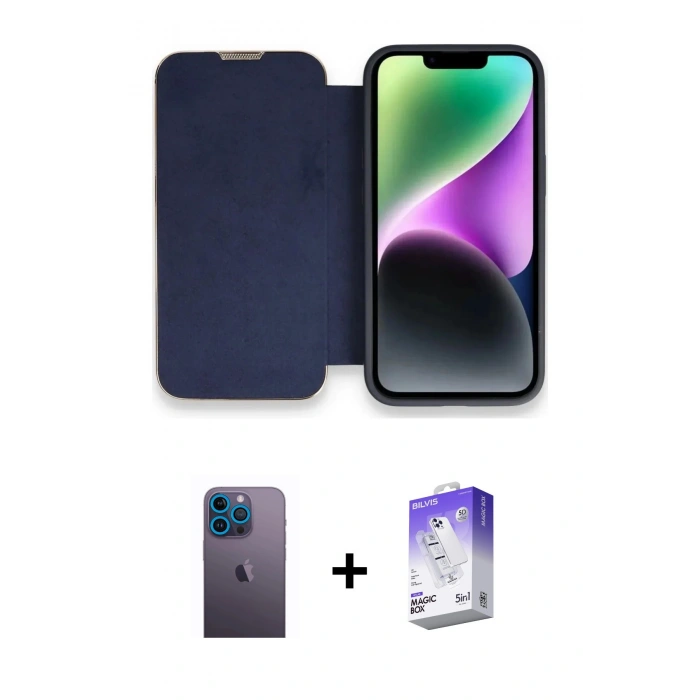 MARSİLYAN™- iPhone 13 Pro Max Kılıf Siluet Minimal Serisi - Siyah Bilvis 5in1 3D Magic Cam Ekran Koruyucu + Neon Fosforlu Kamera Lens - MI