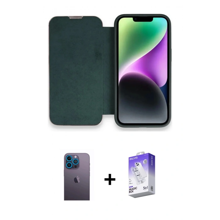 MARSİLYAN™- iPhone 13 Pro Max Kılıf Siluet Minimal Serisi - Siyah Bilvis 5in1 3D Magic Cam Ekran Koruyucu + Neon Fosforlu Kamera Lens - MI