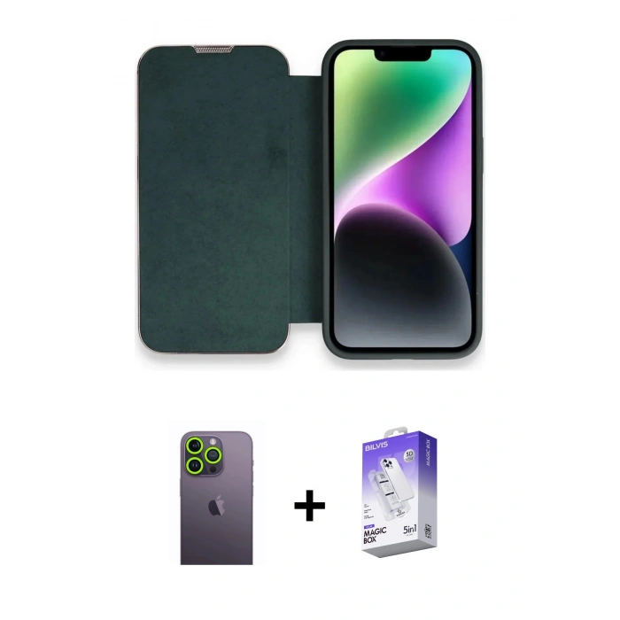 MARSİLYAN™- iPhone 13 Pro Max Kılıf Siluet Minimal Serisi - Siyah Bilvis 5in1 3D Magic Cam Ekran Koruyucu + Neon Fosforlu Kamera Lens - YL