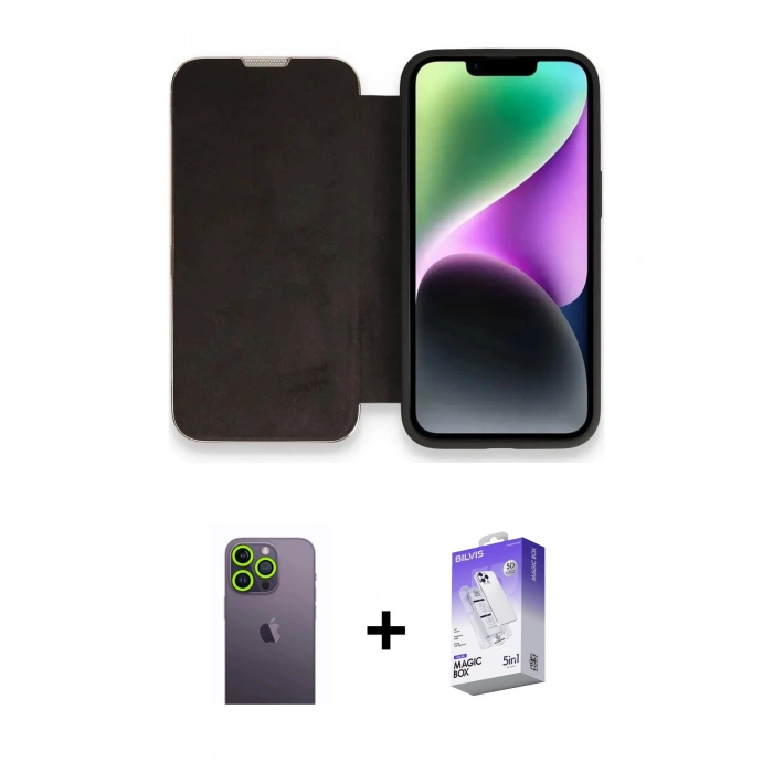 MARSİLYAN™- iPhone 13 Pro Max Kılıf Siluet Minimal Serisi - Siyah Bilvis 5in1 3D Magic Cam Ekran Koruyucu + Neon Fosforlu Kamera Lens - YL