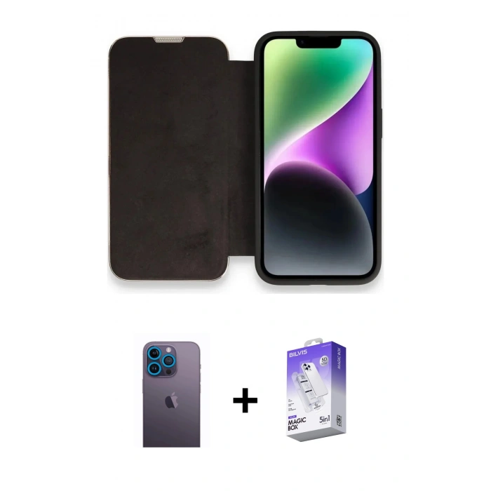 MARSİLYAN™- iPhone 13 Pro Max Kılıf Siluet Minimal Serisi - Siyah Bilvis 5in1 3D Magic Cam Ekran Koruyucu + Neon Fosforlu Kamera Lens - MI