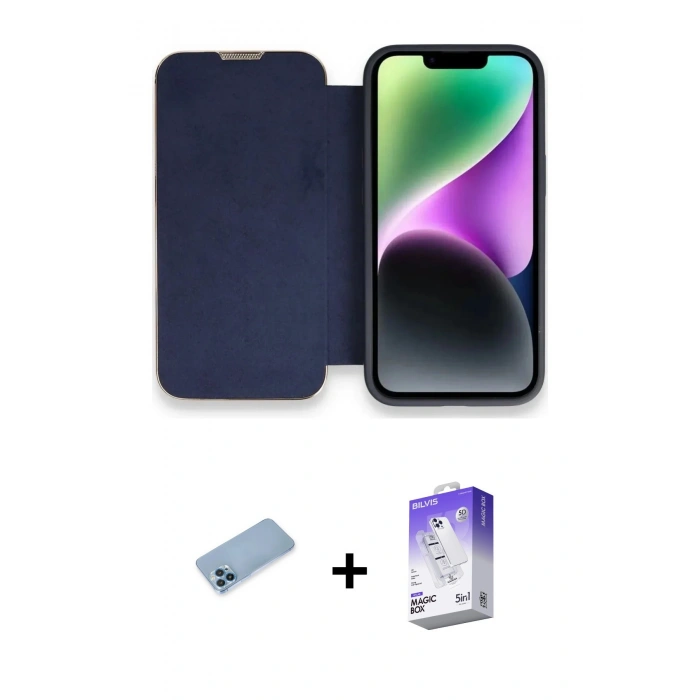 MARSİLYAN™- iPhone 13 Pro Max Kılıf Siluet Minimal Serisi - Siyah Bilvis 5in1 3D Magic Cam Ekran Koruyucu + Mavi Shine Kamera Lens Koruma Cam