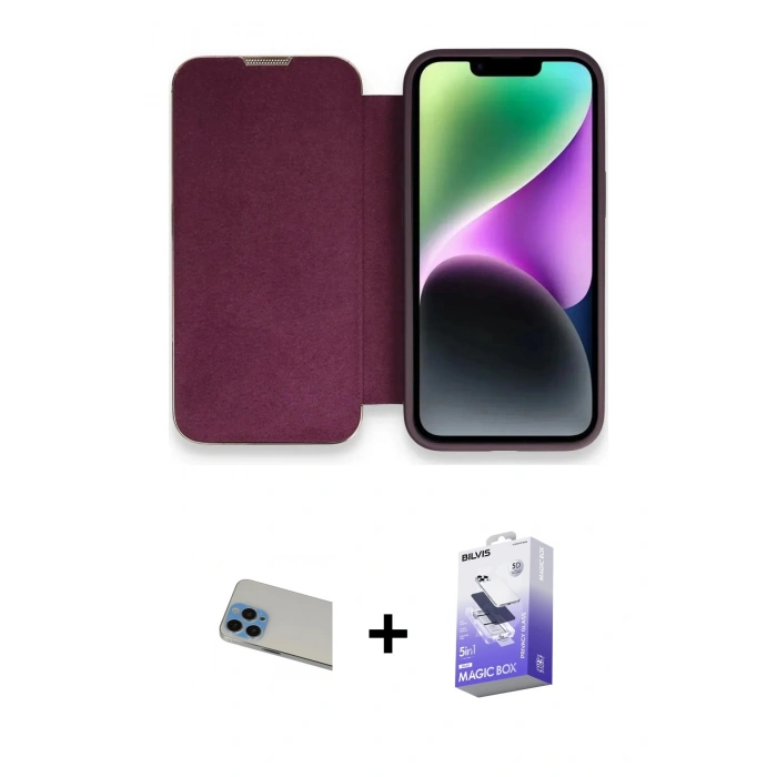MARSİLYAN™- iPhone 13 Pro Max Kılıf Siluet Minimal Serisi - Siyah Bilvis 5in1 5D Magic Hayalet Cam Ekran Koruyucu + Mavi Rainbow Kamera Lens Koruma Cam