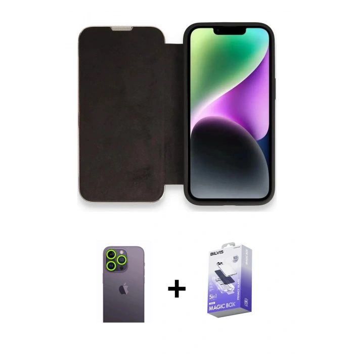 MARSİLYAN™- iPhone 13 Pro Max Kılıf Siluet Minimal Serisi - Siyah Bilvis 5in1 5D Magic Hayalet Cam Ekran Koruyucu + Neon Fosforlu Kamera Lens - YL