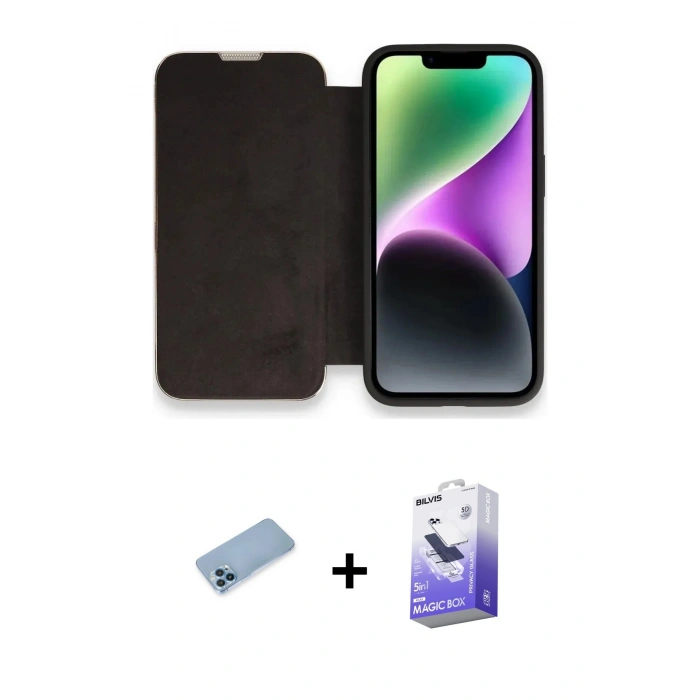 MARSİLYAN™- iPhone 13 Pro Max Kılıf Siluet Minimal Serisi - Siyah Bilvis 5in1 5D Magic Hayalet Cam Ekran Koruyucu + Shine Kamera Lens Koruma Cam - MI